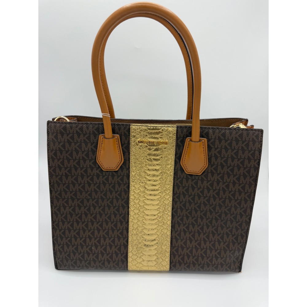Michael Kors Mercer Gallery Brown Logo Gold Snakeskin Stripe Satchel Tote Bag